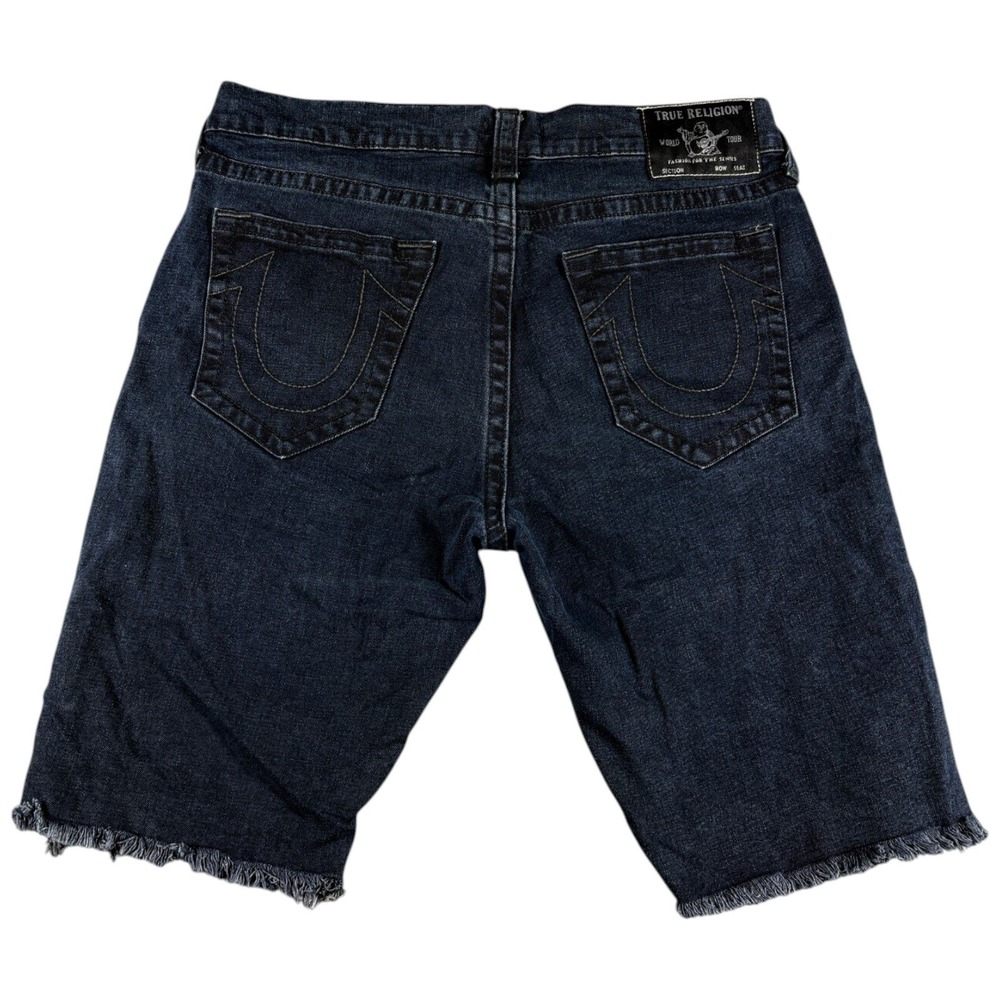 True Religion Ricky Shorts Mens 36 Blue Denim Dark Wash Raw Hem Relaxed Straight - Picture 2 of 6